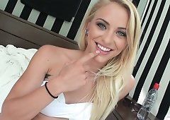 Sexy blue eyed blonde swallows